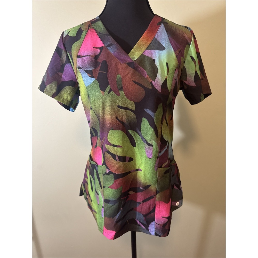 Barco One Women's Small Multicolor Palm Leaves Nurse Medical Scrub Top‎ 3 Pocket